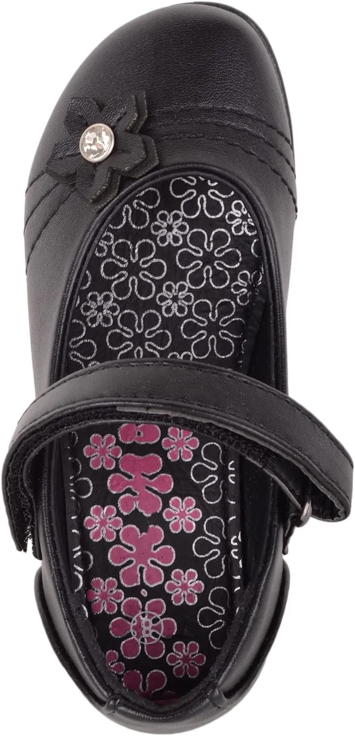 Childrens Kids Girls Touch and Close Formal School Shoes with Floral Diamante Design