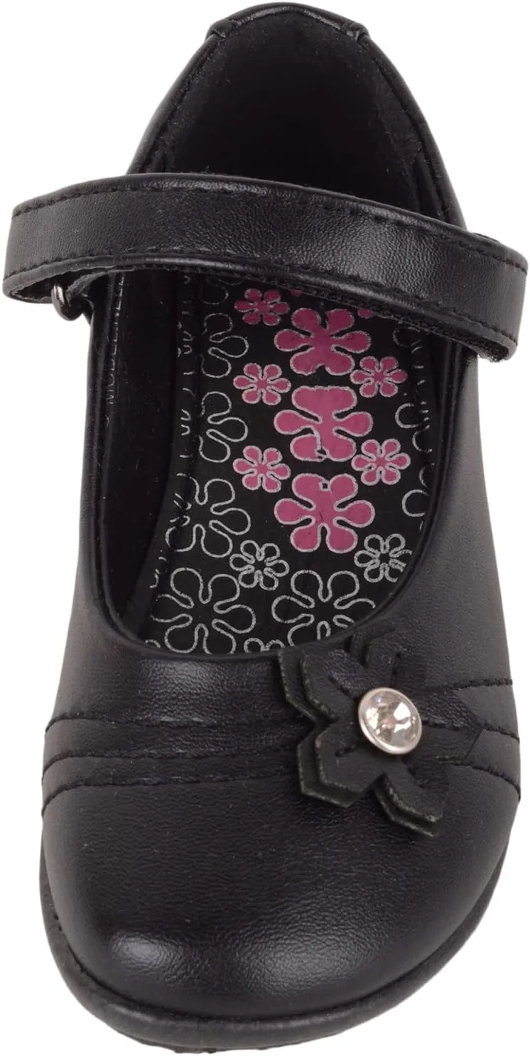 Childrens Kids Girls Touch and Close Formal School Shoes with Floral Diamante Design