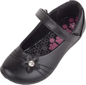 Childrens Kids Girls Touch and Close Formal School Shoes with Floral Diamante Design