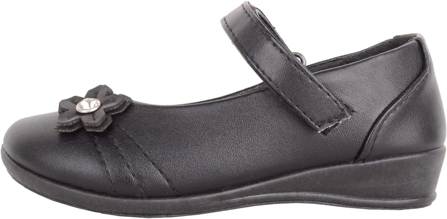 Childrens Kids Girls Touch and Close Formal School Shoes with Floral Diamante Design
