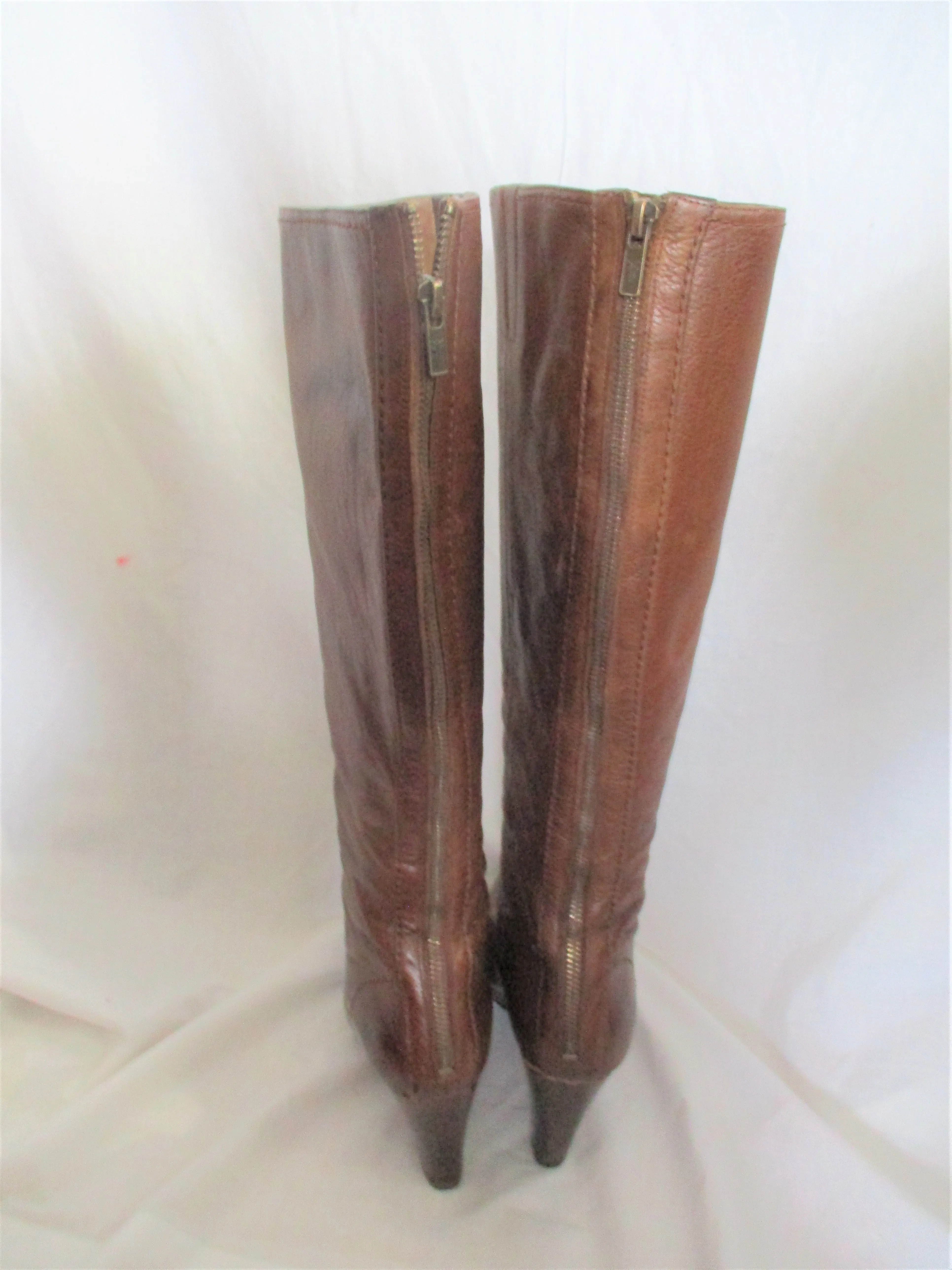 FRYE MELISSA BACK ZIP TALL High Heel Leather Western Cowboy BOOT BROWN 9