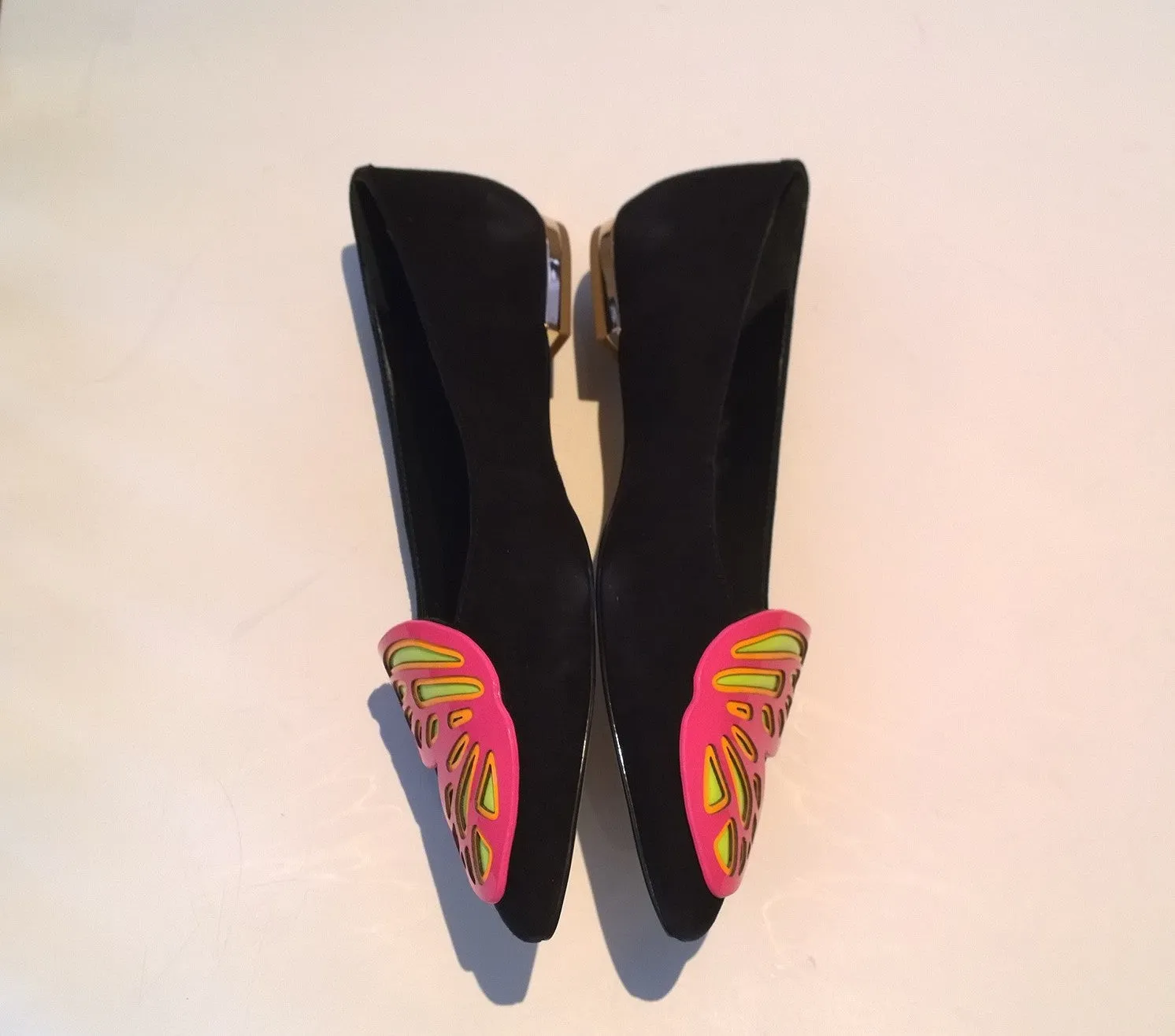 Sophia Webster Bibi Butterfly Flats in Black Suede and Neon Pink and Yellow